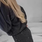 Damski Błyszczący Dwuczęściowy Zestaw – Sweter z Okrągłym Dekoltem i Spodnie