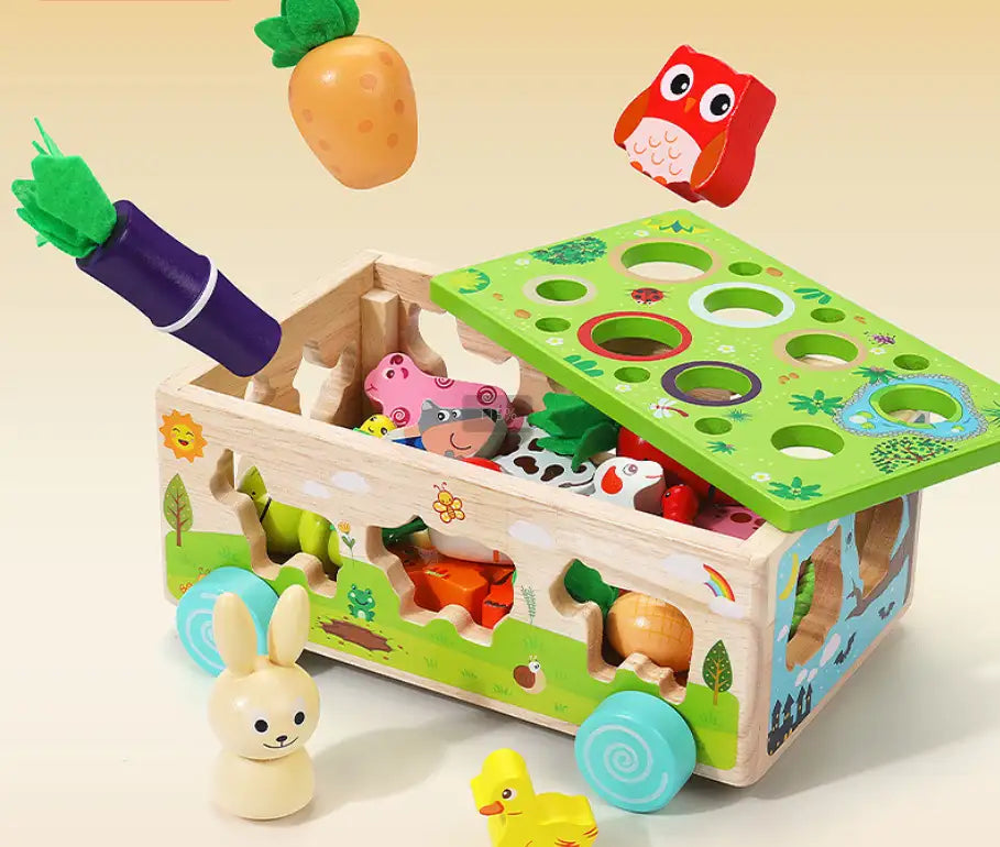 Drewniany Wózek do Zbioru i Sortowania – Edukacyjna Zabawka ze Zwierzętami i Warzywami