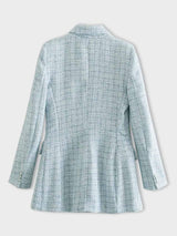 Jasno Niebieska Damska Marynarka Tweedowa – Dwurzędowa, Dopasowana i Elegancka