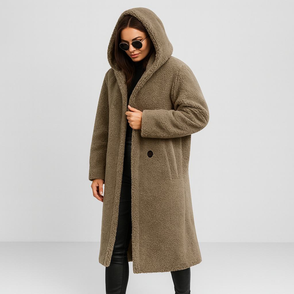Długa damska zimowa kurtka z kapturem – ciepła, miękka i stylowa