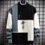 Ciepły Miękki Sweter Patchworkowy Slim Fit Okrągły Dekolt