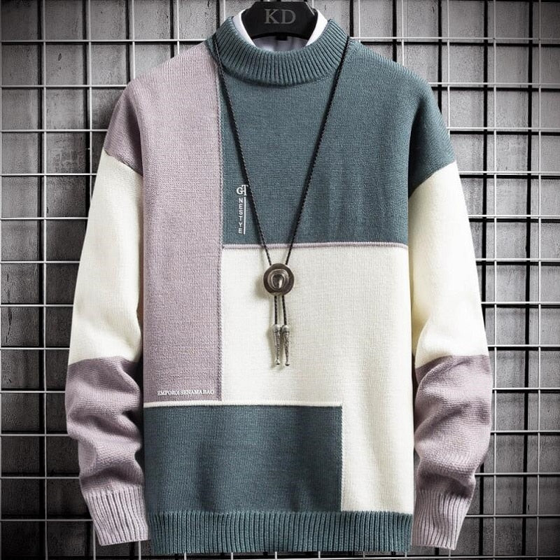 Ciepły Miękki Sweter Patchworkowy Slim Fit Okrągły Dekolt