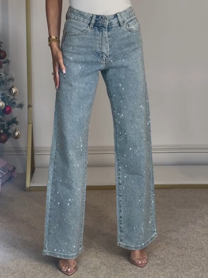 Glitter Jeans dla Kobiet z Wysokim Stanem – Elegancki Niebieski