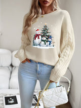 Damski sweter zimowy z bałwanem i choinką – ciepły sweter dzianinowy
