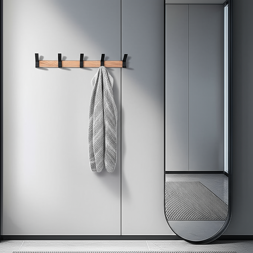 Wieszak ścienny – Regulowane haki – Czarny – Skandynawski design – Do przedpokoju i sypialni – Drewno i aluminium – Wymiary 40 x 7 x 7 cm